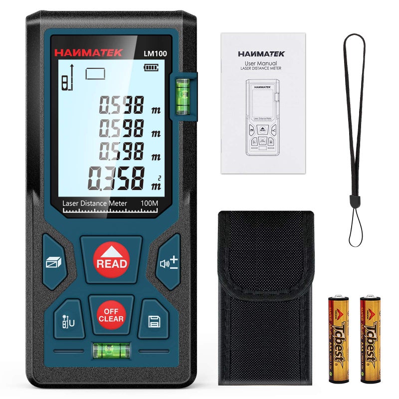 HANMATEK 328ft/100m Laser Measure Ft/in/M Switching LM100 Laser Measurement Tool Devices with 2 Bubble Levels Distance Meter,Large Backlit LCD - Image 1